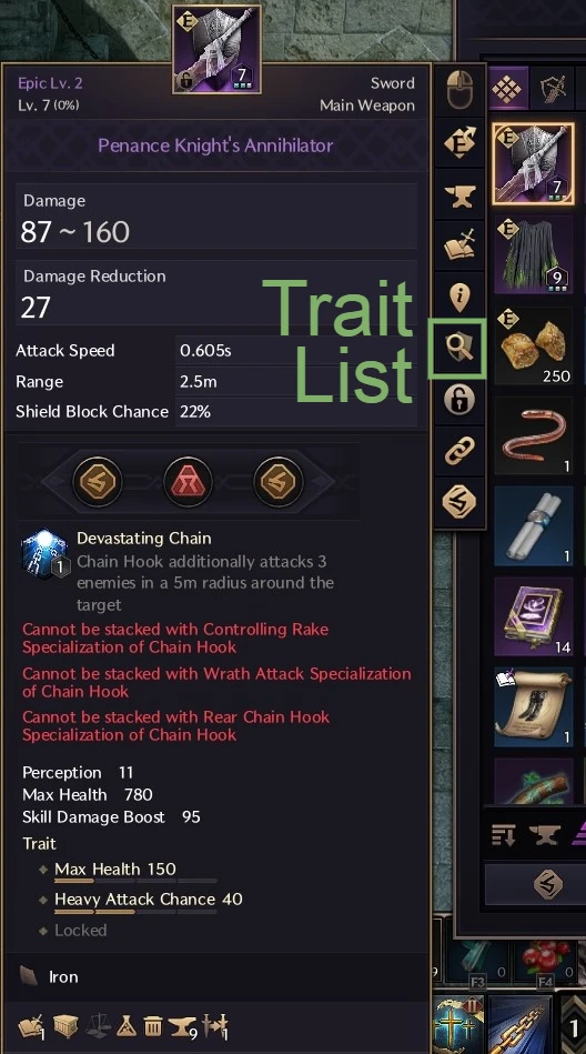Trait List Button for Weapon